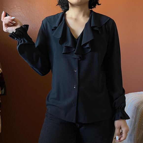 Vintage black ruffle v neck long sleeve blouse Medium - Picture 3 of 9